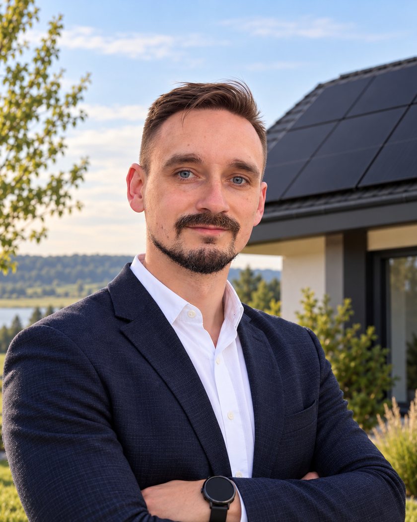 Łukasz Olszak, niezależny doradca energetyczny, przed domem z instalacją fotowoltaiczną